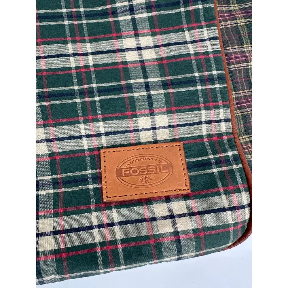 Vintage Fossil Canvas Tote Mixed Plaid Cognac Leather Trim Y2K Zip Top